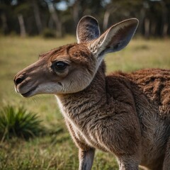 Obraz premium A kangaroo standing with its baby joey peeking from its pouch.
