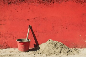 Red bucket with shovel near sand against vibrant wall