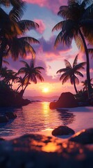 A cinematic shot of palm trees on the beach at sunset
