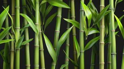 Lush Green Bamboo Stalks with Vibrant Leaves on Dark Background