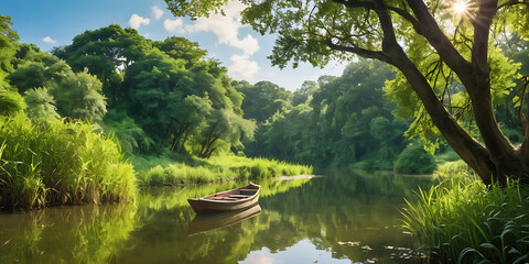 Obraz premium Serene Riverside Landscape with Wooden Boat and Lush Greenery