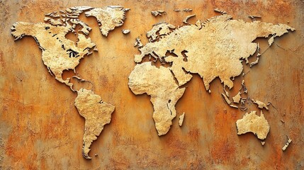 Golden world map, textured metal, background, travel