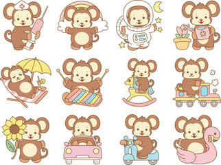 Cute Monkey vector icon. Funny baby Monkey animal series stock illustration. life of fluffy Monkey designs.