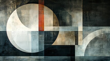 Abstract Geometric Art Featuring Circular Shapes, Bold Lines, and Textured Surfaces in A Contemporary Color Palette of Black, White, and Gray Hues
