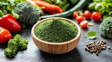 A bowl of green powder surrounded by fresh vegetables, suggesting healthy cooking or nutrition.