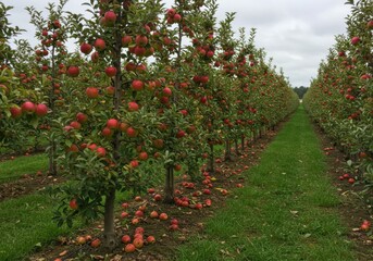 Vibrant apple orchard in full bloom under overcast sky