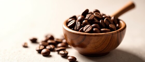 Fototapeta premium Coffee Beans Cinnamon Wooden Spoon Bowl - Delicious Food Photography