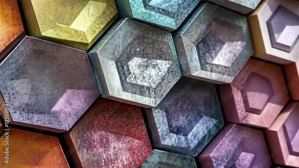 Poster captivating mosaic of hexagonal patterns showcasing vibrant colors in a creative display. generative