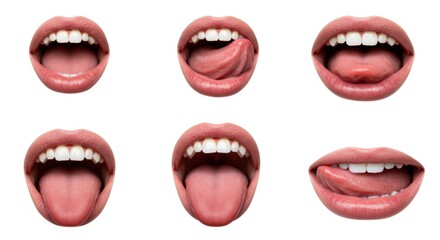 Obraz premium Collection of human mouth expressions: various tongue and lip movements on white background