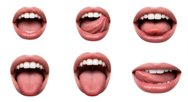 Collection of human mouth expressions: various tongue and lip movements on white background