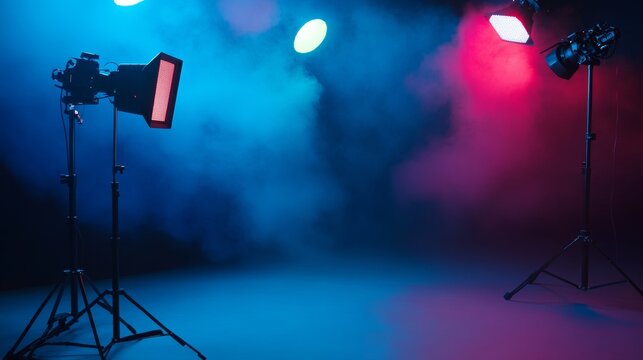 Colorful studio lighting setup with dramatic red and blue hues