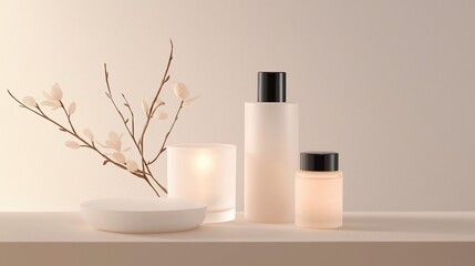 White table with three objects on it. on the left side of the table, there is a small white vase with a branch of white flowers in it.