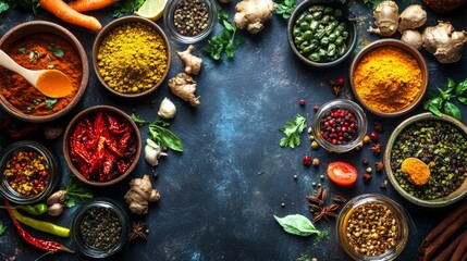 Flat lay of colorful spices and herbs on a dark background