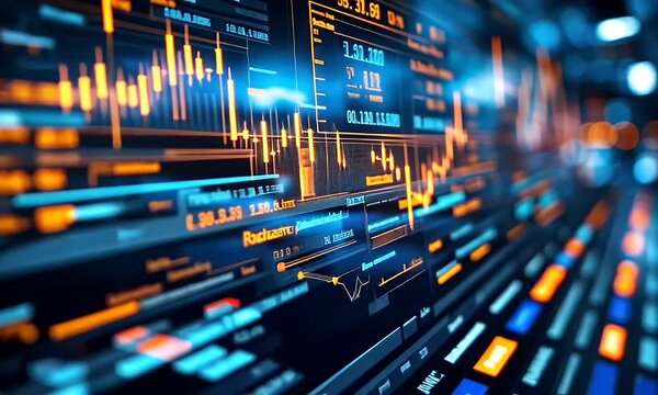 Financial data streams, stock market analysis, trading, city background, investment