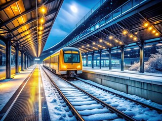 Obraz premium Fast yellow train, low light at snow station.