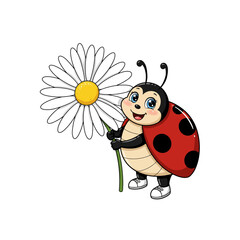 Obraz premium Cute Ladybug Holding a Daisy Flower Cartoon Illustration
