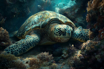 Fototapeta premium A striking image of a sea turtle reaching out with its mouth towards a floating plastic bag, fishing net, struggling to free itself. impact of plastic waste on marine life.