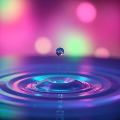 Colorful water droplet creating ripples on a surface with vibrant bokeh lights in the background