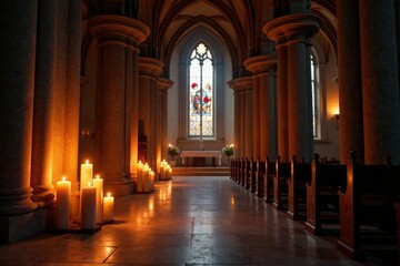 Obraz premium Warm candlelight casts a sense of calm over the nave, evening, serenity