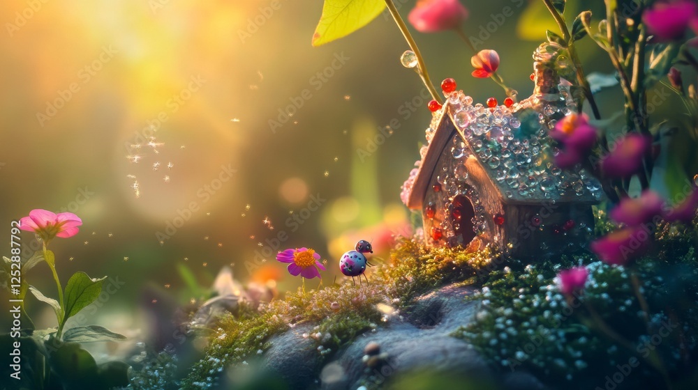 Canvas Prints Whimsical fairy house surrounded by glowing flowers and grass