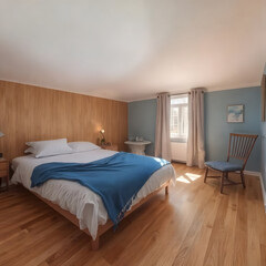 Brightly Lit Blue Bedroom: Natural Light, Smooth Paneling