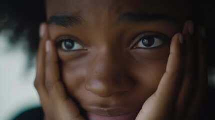 Close-up portrait of a young african-american woman's face. she is looking directly at the camera with a serious expression. her eyes are wide open and her eyebrows are slightly furrowed.