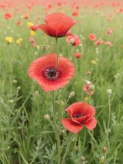 Obraz premium Vibrant red poppy flower blooming in a lush green countryside field during springtime, beauty, plant, vibrant