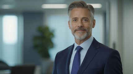 Naklejka premium Portrait of a middle-aged man in an office setting. he is wearing a dark blue suit with a white shirt and a blue tie.
