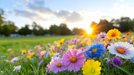 Obraz premium Sunset over wildflowers in park, nature scene