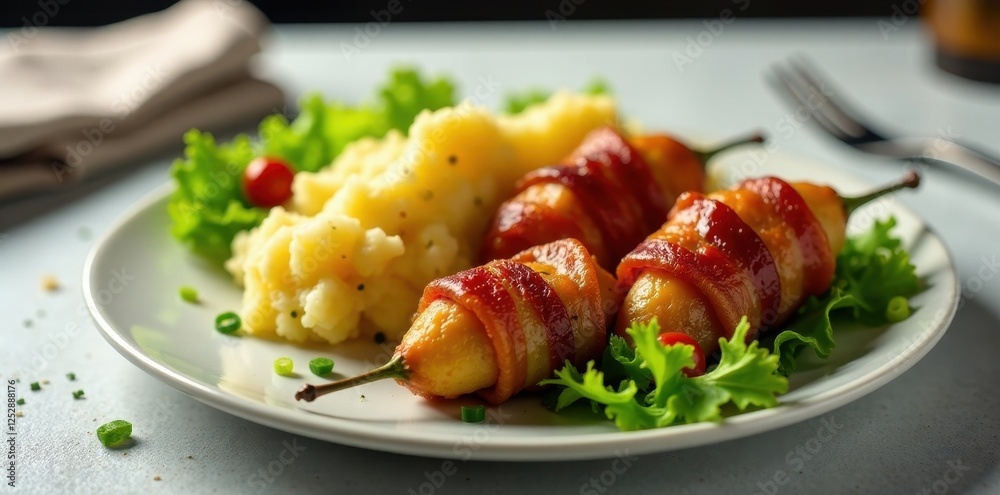 Wall mural A delectable plate featuring savory bacon-wrapped fruit, served alongside creamy mashed potatoes and a vibrant green salad garnish.