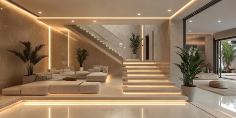 Obraz premium Chic modern living room design featuring luxurious stairs and brightness