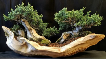 Fototapeta premium Sargent Juniper Bonsai Tree in Artisan Natural Pot. Elegant Plant Display with Traditional Craftsmanship.