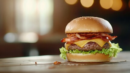 Closeup Of Gourmet Cheeseburger With Bacon On Wooden Table