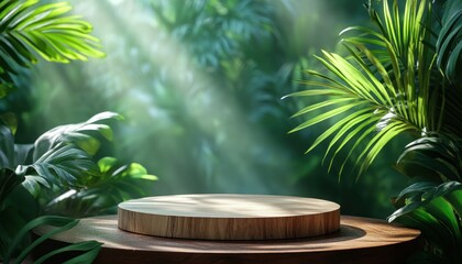 Obraz premium Wooden podium for product display with tropical leaves on dark background, mockup design template. Mockup scene of wooden round stand display in jungle environment
