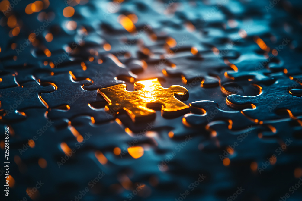 Poster close-up view of a glowing puzzle piece among other pieces, symbolizing the concept of solving a pro