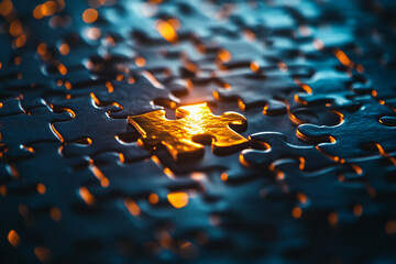 Close-up view of a glowing puzzle piece among other pieces, symbolizing the concept of solving a problem or completing a challenging task in a dark and illuminated environment.