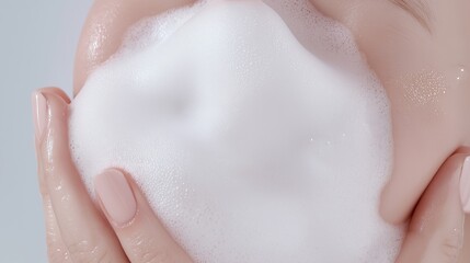 Fototapeta premium Close-up of a person's hands holding a large white foam ball. the foam appears to be soft and fluffy, and the person's nails are painted a light pink color.