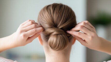 Fototapeta premium Close-up of a woman's back, with her hair pulled back into a high bun. the bun is secured with two hands, one on each side of her head.
