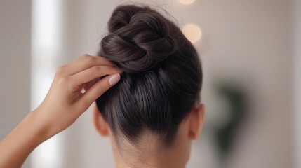 Naklejka premium The back of a woman's head, with her hair pulled back into a high bun. the bun is secured with a small knot at the top, creating a neat and tidy appearance.