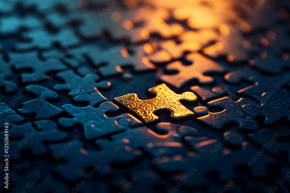Poster close-up of a glowing puzzle piece among other pieces in a dark setting, symbolizing the concept of 