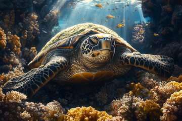 Fototapeta premium underwater scene featuring a sea turtle near a vibrant coral reef, with clownfish swimming among swaying sea anemones. 