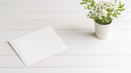 Blank card mockup, flowers, white wood table, springtime background, stationery design
