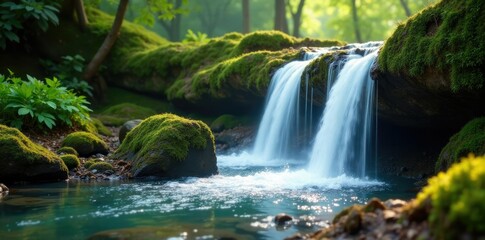 Obraz premium Sparkling waterfalls cascading over moss-covered rocks, moss, nature