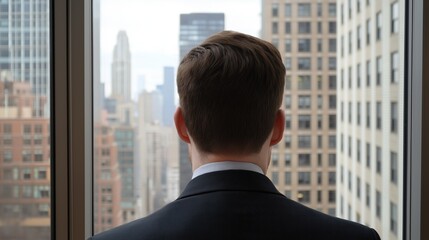 Fototapeta premium Man in a suit standing in front of a large window, looking out at a cityscape. the man is facing away from the camera, with his back towards the camera.