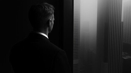 Black and white photograph of a man in a suit standing in front of a window, looking out at a cityscape. the man is facing away from the camera, with his back to the viewer.