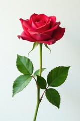 Fototapeta premium single stem of rose with attached leaves against white, natural, plant, leaf