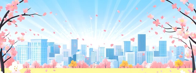 Cherry blossoms, blue sky, and city buildings in the background, in a cute style
