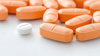 Close-up of orange and white pills on white background. Healthcare, medicine, pharmacy