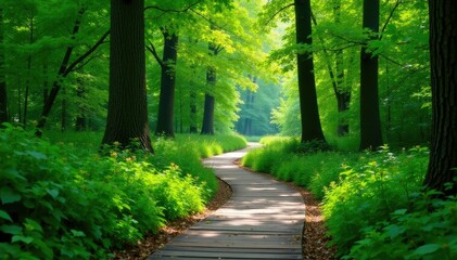 Lush greenery surrounds a winding wooden pathway, wooden pathway, forest path, trees
