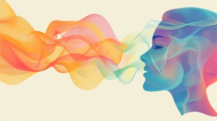 Mindful Breath: Colorful abstract smoke flows from a serene female profile, symbolizing breath, mindfulness, and inner peace.  A visual representation of calm and introspection. 